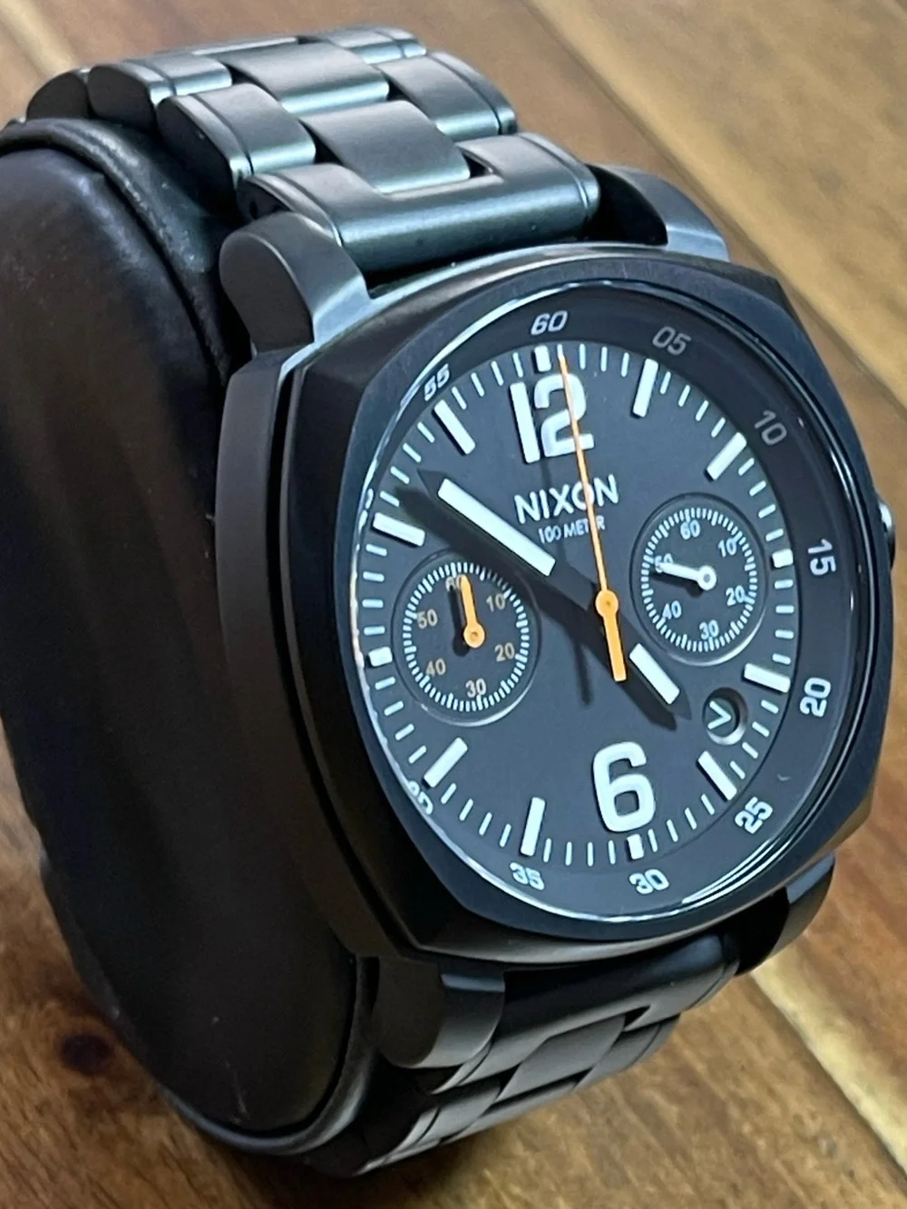 Nixon Charger Black Stainless Steel Chronograph Watch with Orange Hands
